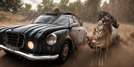 Vintage car in the mud. 3D illustration. 3D rendering.の素材