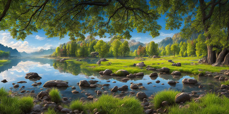 Beautiful summer landscape with river and forest. Panoramic viewの素材