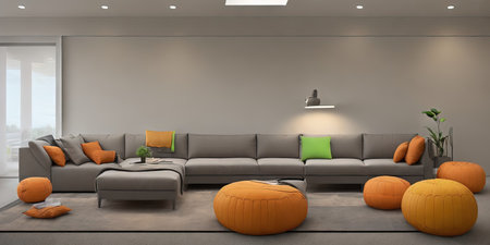 Interior of modern living room with grey and orange sofa 3D renderingの素材