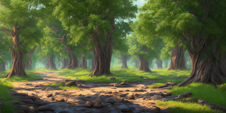 Beautiful fantasy forest landscape. 3D render of a fantasy forest.の素材