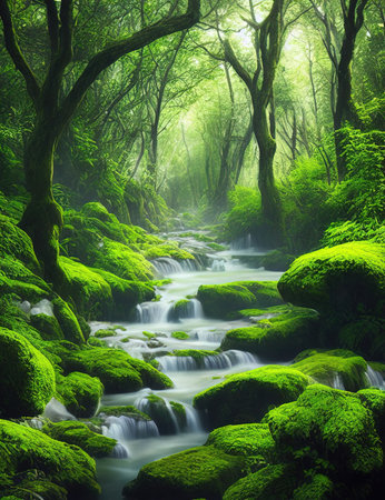 Beautiful green forest river flowing through mossy rocks, fantasy landscapeの素材
