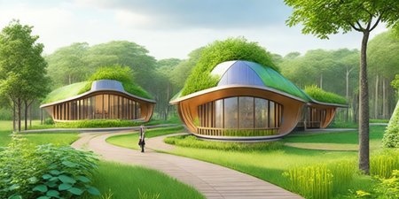 3d rendering of a modern house in the forest with a walkwayの素材
