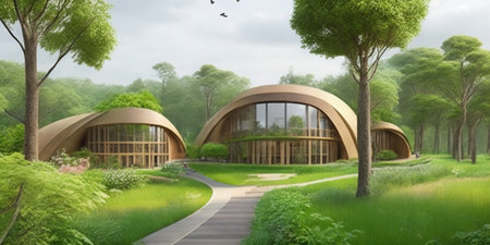 3d render of a modern building in a park with trees and grassの素材