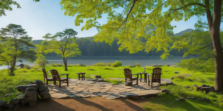 3d rendering of table and chairs in the garden with lake backgroundの素材