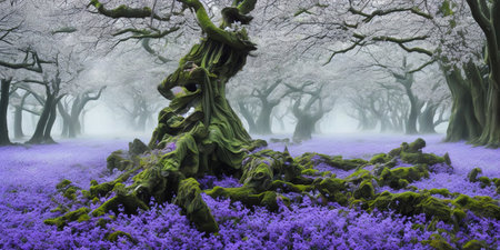 Digital composite of Digital composite image of bluebells and forest in fogの素材