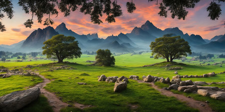 Panoramic view of meadow and mountain range at sunrise.の素材