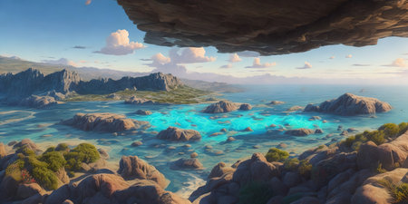 Fantasy alien planet. Mountain and lake. 3D illustration.の素材