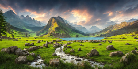 Panoramic view of idyllic alpine meadow and mountain lake. Dramatic sky. Beauty world.の素材