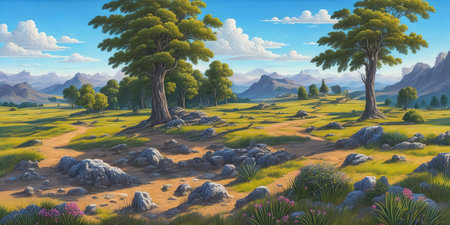 Fantasy alien planet. Mountain and meadow. 3D illustrationの素材