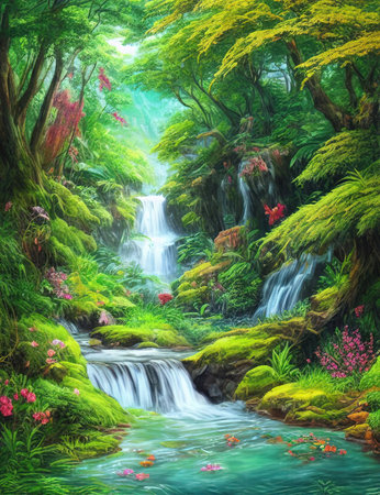 Waterfall in the tropical forest. Digital painting of waterfall in the forest.の素材