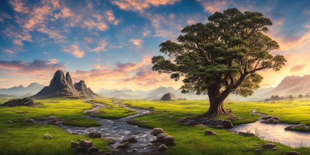 Fantasy landscape. Mountain meadow and tree at sunset. 3d illustrationの素材