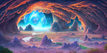 Fantasy alien planet. Mountain and sky. 3D illustration.の素材
