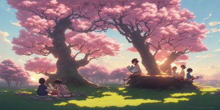 Group of students reading a book under a cherry blossom tree.の素材