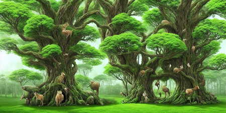 Beautiful forest with deer and deers. 3D rendering.の素材