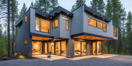 3d rendering of modern cozy house with garage and pool for sale or rent with beautiful landscaping on background. Clear summer night with many stars on the sky.の素材