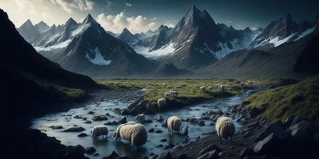 Fantasy landscape with mountain river and flock of sheep. 3d renderingの素材
