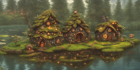 3D illustration of a fairy tale house in a fantasy forest.の素材