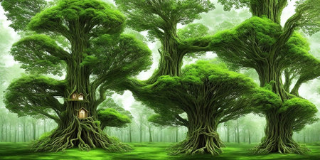 Fantasy landscape with old big tree in the forest. 3d renderingの素材