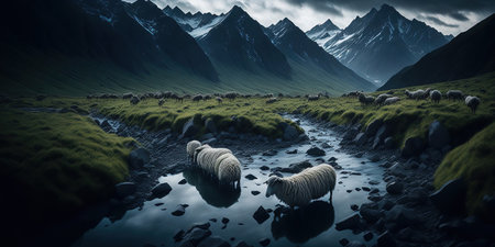 Sheep in the mountains. 3d rendering. Computer digital drawing.の素材