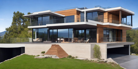 3d rendering of modern cozy house with pool and parking for sale or rent. Clear sunny summer day with blue sky.の素材