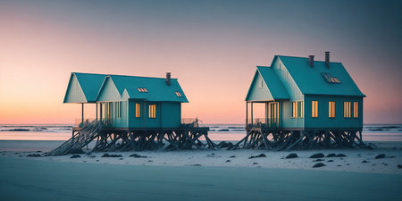 Beach huts on the beach at sunset in winter, Netherlandsの素材
