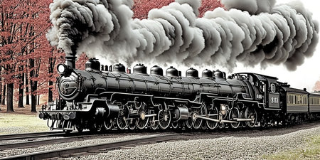 Steam locomotive in the autumn forest. 3D illustration. Retro style.の素材