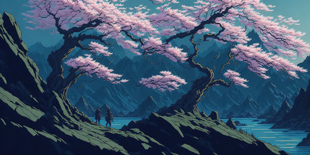 Cherry blossom and lake in mountains. 3D illustration.の素材