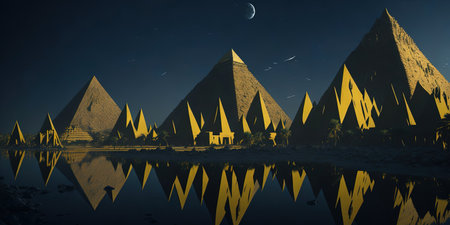 Egyptian pyramids reflected in the water at night. 3d renderingの素材