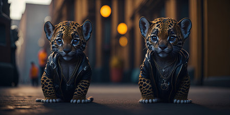 Two leopard statues in the city at night. 3d rendering.の素材