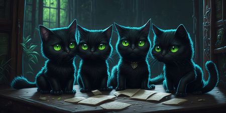 Three black cats with green eyes reading a book in the dark.の素材