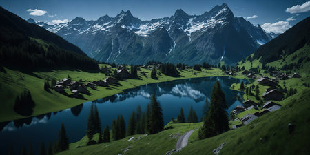 Panoramic view of the alpine lake in the Swiss Alpsの素材