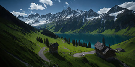 Panorama of alpine meadows and mountains in spring, Switzerlandの素材