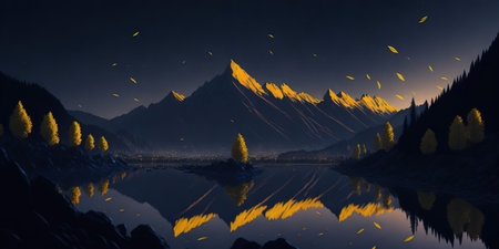 Fantasy landscape with mountains and lake at night. 3D illustrationの素材