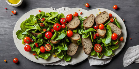 Healthy salad with cherry tomatoes, spinach and toasted bread on black backgroundの素材