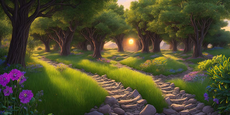 Beautiful fantasy landscape with road and trees. 3d render.の素材