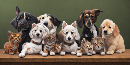 Group of different breeds of dogs and cats sitting on a wooden shelfの素材