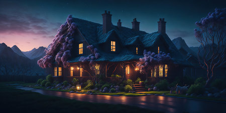 Illustration of a house in the forest at night. 3d renderingの素材
