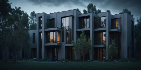 Modern apartment building exterior at dusk. 3D rendering. Vintage tone.の素材