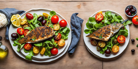 Grilled salmon fillet with salad of arugula, cherry tomatoes, olives and lemonの素材