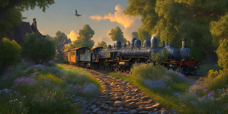 3D render of a steam locomotive in the park at sunsetの素材