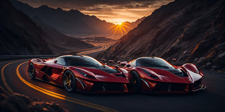 Fantastic red super sports cars on the road. Mixed mediaの素材