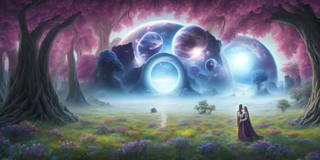 Fantasy landscape with magic forest and moon. 3D illustration.の素材