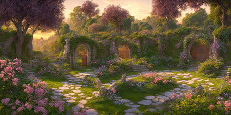 3D render of a beautiful garden at sunset with trees and flowersの素材