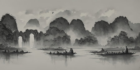 Fantasy Landscape with rafts on the river. Digital paintingの素材