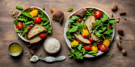 Fresh salad with tomatoes, spinach and bread on wooden background. Top viewの素材