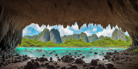 Panorama of beautiful karst formations in Halong Bay, Vietnamの素材