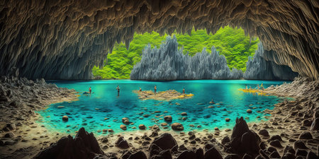 Beautiful seascape with island and cave. 3D renderingの素材