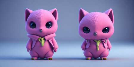 Funny pink cats with big eyes, 3d rendering. Computer digital drawing.の素材