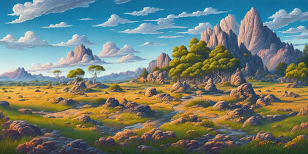Fantasy alien planet. Mountain and meadow. 3D illustrationの素材