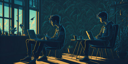 Illustration of two young businessmen working in a modern office with a laptop and computerの素材